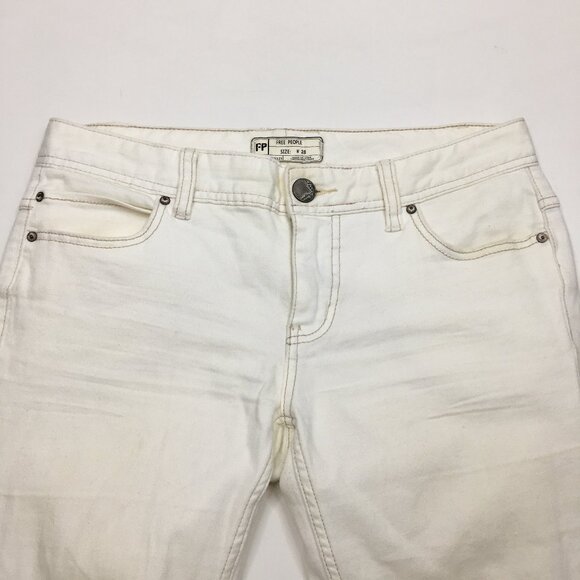 FREE PEOPLE Ivory Distressed Raw Step Hem 5 Pocket Logo Hardware Skinny Jeans - Picture 5 of 15